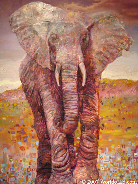 A colorful painting of an elephant standing.